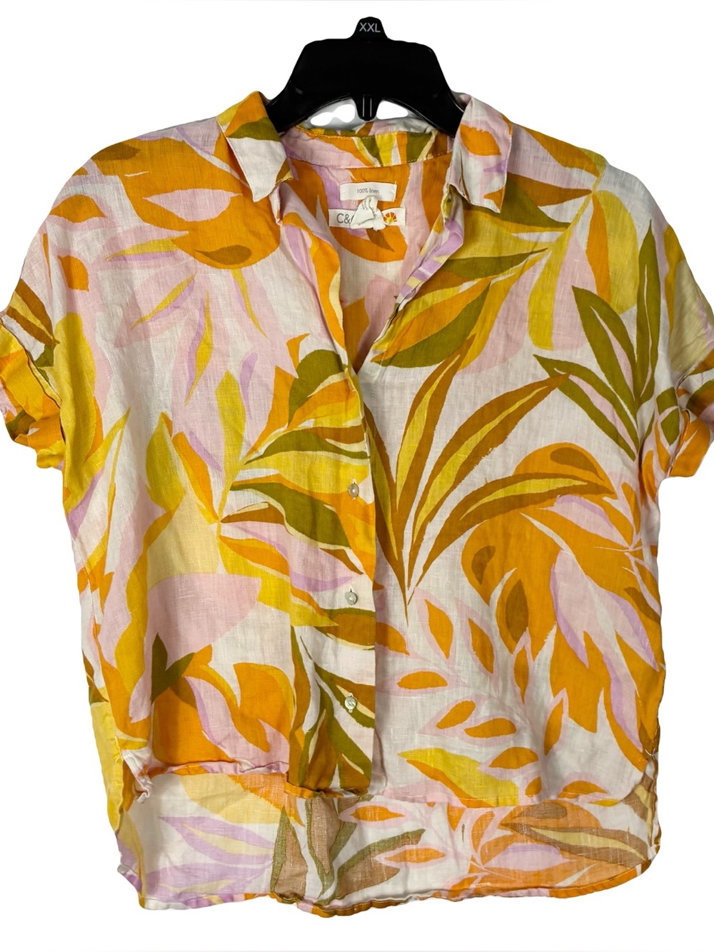 C&C California Blouse XS Linen Multicolor Palm Leaf Short Sleeve